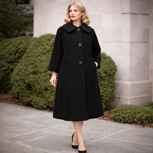 Vintage 1960s Black Cashmere Coat Persian Lamb Collar Women’s 36